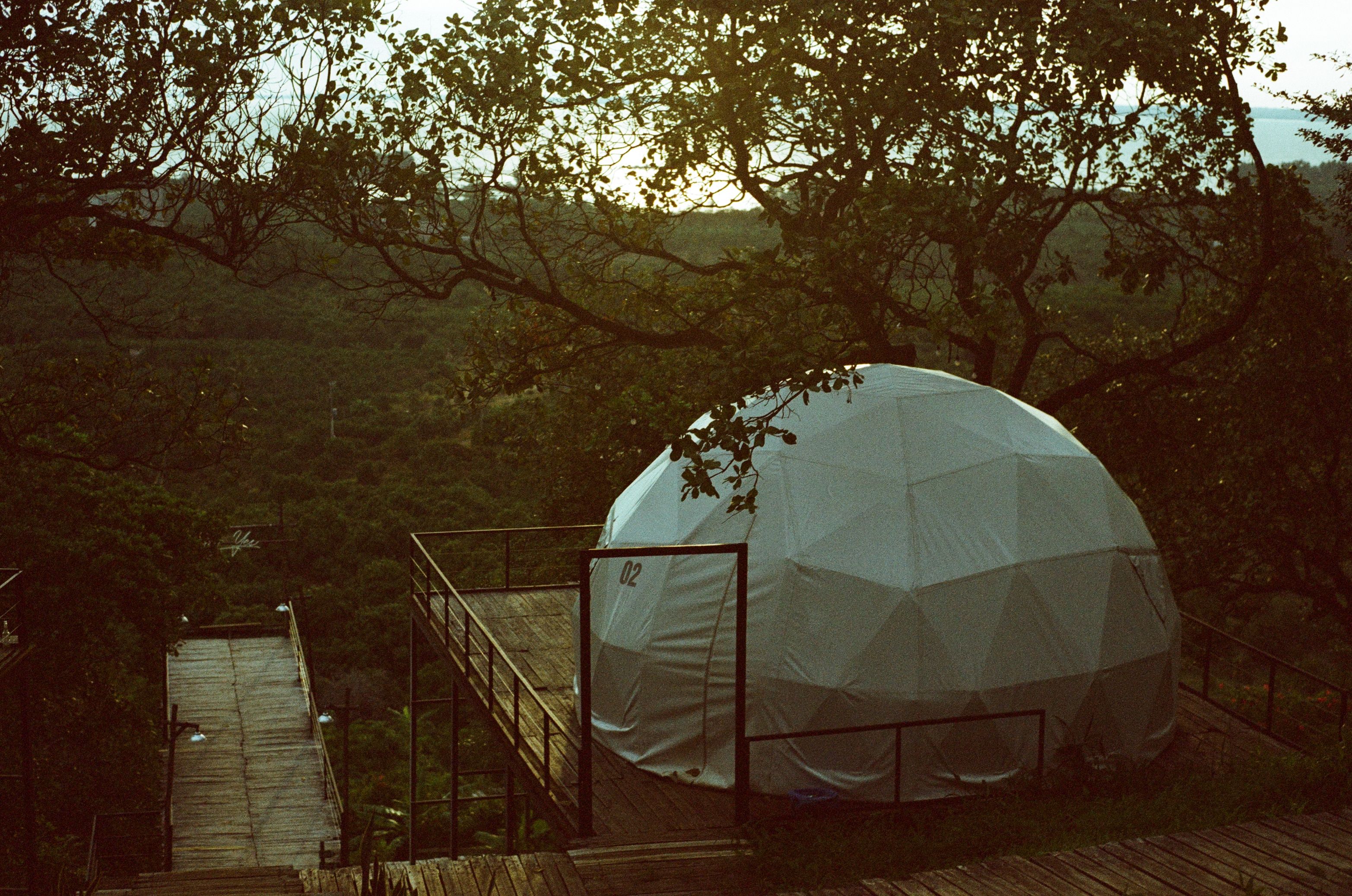Domo glamping rodeado de naturaleza al atardecer